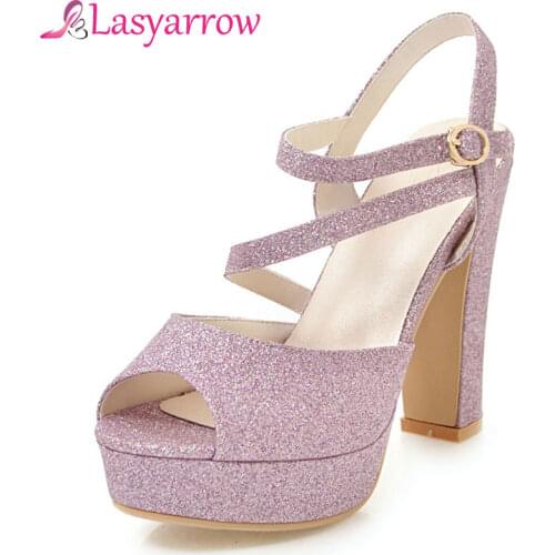 Lasyarrow Gold Silver Big Size 32-43 2018 Summer New Gladiator Shoes Woman BlingBling Peep Toe Platform Shoes Thick High Heels