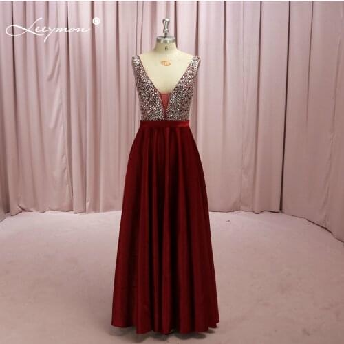 Leeymon A-line Heavy Beaded Evening Dress Wine Red Satin Floor Length Backless Prom Gown Vestido De Festa