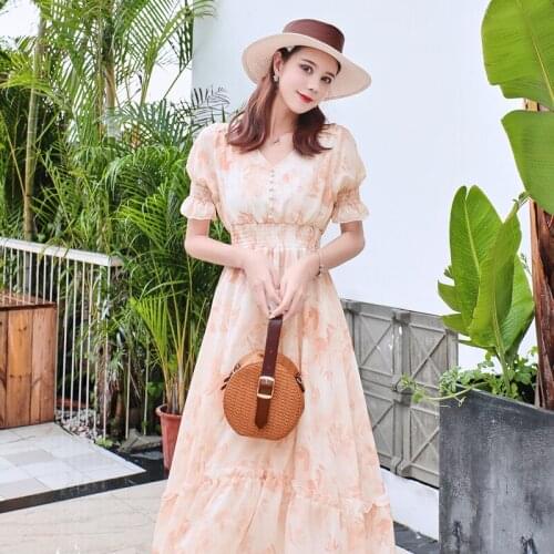 Summer Dresses for Womens New Waist Slimming V-neck Chiffon Floral Skirt Popular A-line Party Pink Long Dress Vintage Clothing