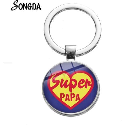 Dad Print Cute Keychain I Love My Papa Funny Pattern Crystal Round Key Chain for Men Car Keyring Idea Gift Bag Keyholder Tag