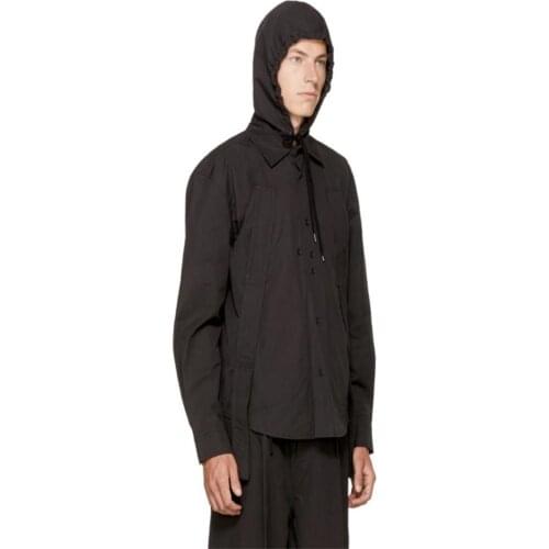 Mens new mens straps patchwork shirt with cap loose black casual large size long sleeves pure cotton shirt