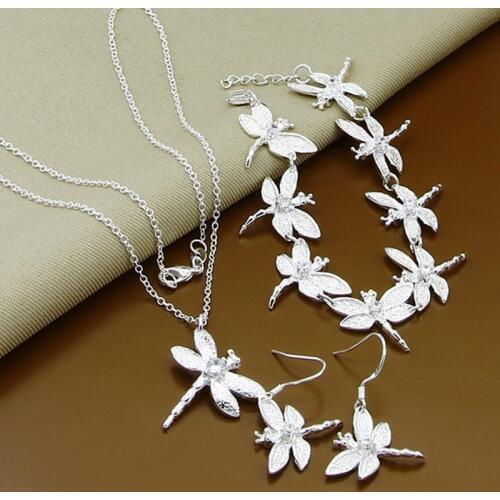 New Arrival Silver Jewelry Sets Fashion Insect Dragonfly Necklace Bracelet Earrings Set 925 Silver Women Jewelry