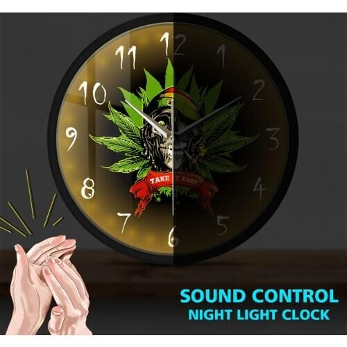 TAKE IT EASY Indian Hemp Skull in Rastaman Hat Metal Frame Voice Control Wall Clock Halloween Horror Night Light