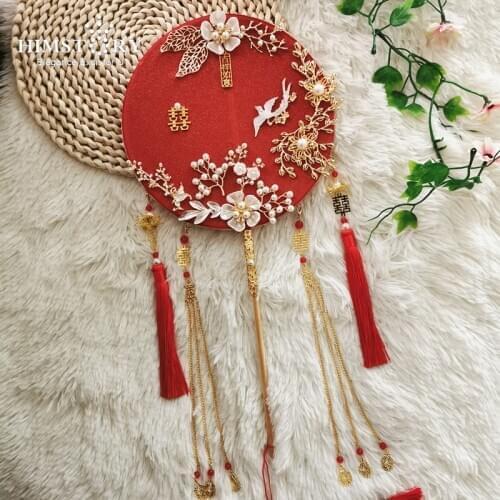 HIMSTORY Luxury Chinese Bridal Hand Bouquets Fan Flowers Pearls Metal with Long Tassel Pendent Wedding Jewelry Accessories