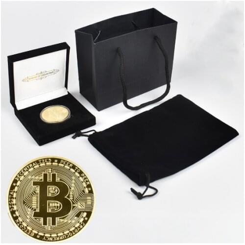 Gold Plated Bitcoin Coin Collectible Gift Bit Coin BTC Coin Luxury Gift Box and Handbag Packaging Metal Commemoration Coin