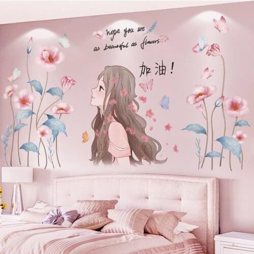 [SHIJUEHEZI] Cartoon Girl Wall Stickers DIY Flowers Plant Wall Decals for Living Room Kids Bedroom Kitchen House Decoration