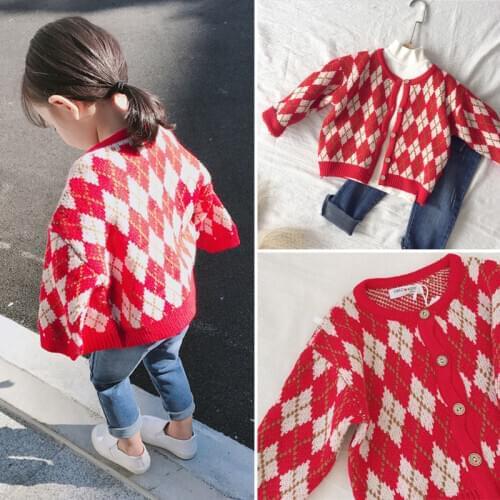 Baby girls knitted cardigan 2020 new 0-7 years old girls childrens sweater Diamond lattice spring and autumn baby sweater coat