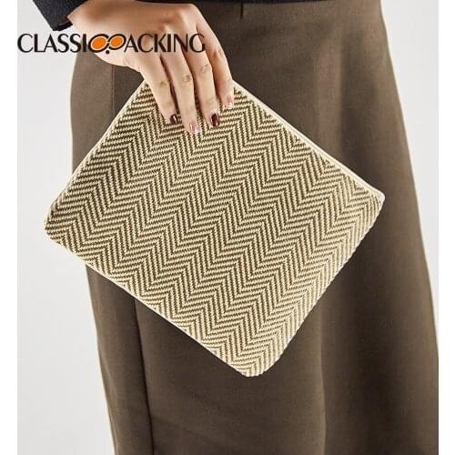 Elegant Handbag Women Stripes Zipper Cosmetic Bag Ladies Makeup Bag Straw Canvas Weave Make Up Bag Neceser Mujer Organizer Bolso