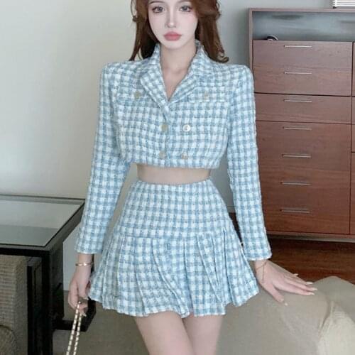 High Quality Fashion Sweet Elegant Two Piece Set Women Crop Top Tweed Jacket Coat + Pleated Mini Skirt Suits Two Piece Outfits