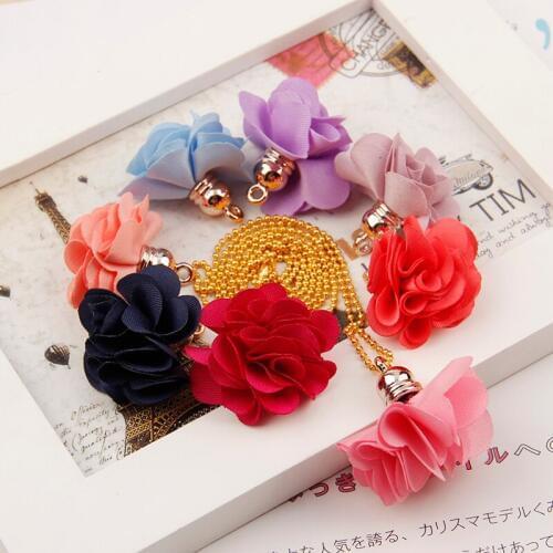 10Pcs Gold Tone Mixed Color Cloth Flower Charms Pendants Supplies Tassels DIY Jewelry Handmade Hair Accessories