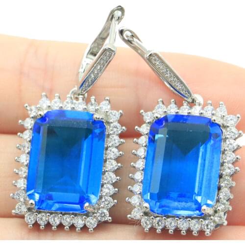 43x27mm Super Big European Design Created Delicate Fine Cut Pink Kunzite London Blue Topaz Silver Earrings For Women Dating