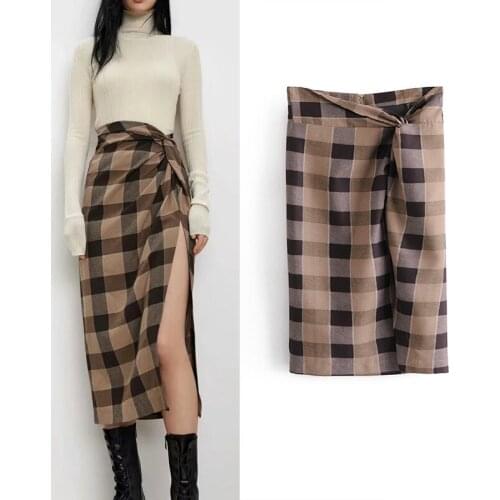 Afeenyrk Fashion Za Women Plaid Print Bowknot Split Midi Skirt Faldas Mujer Female Back Zipper Chic Party Vintage Skirts