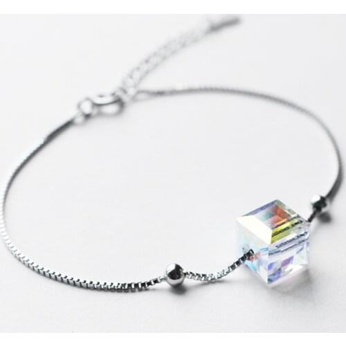 Aurora Square Crystal Real 925 Sterling Silver Bracelets for Women Female Korean Ins Style Box Chain Bracelet Jewelry YBR157