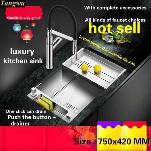 Free shipping Fashion push the button - drainer luxury kitchen manual sink single trough stainless steel hot sell 750x420 MM