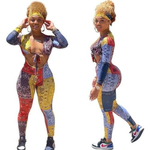 BN7200 Wholesale Items Print Color Matching Sexy Long Sleeve Jumpsuits Deep V Neck Hollow Out Lace-Up Romper Without Scarf