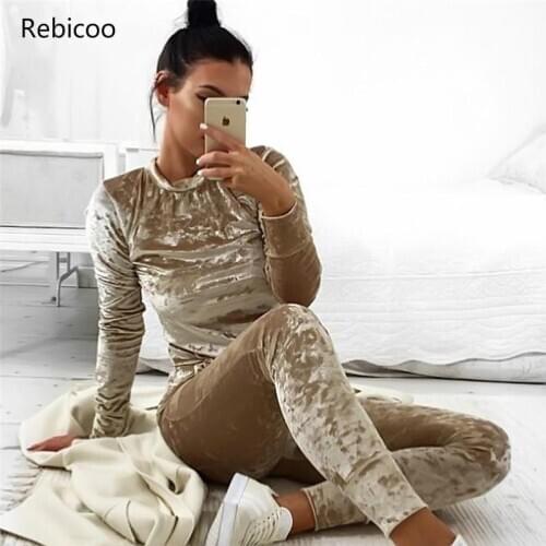 Brand Womens Fashion Shining Warm Velvet 2 Pieces Tracksuit Set Slim Pants Long Sleeve O-Neck Pullover Sweatshirt Hoodie