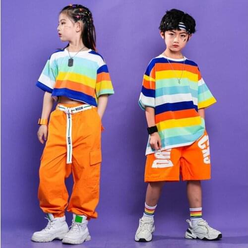 Kids Jazz Dance Costumes Hip Hop Show Outfits Stripe TShirt Cargo Pants Street Wear Girls Boys Ballroom Modern Stage Clothes
