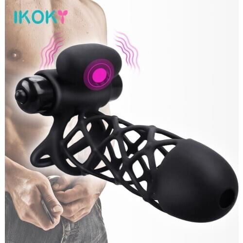 IKOKY Flexible Vibrating Cock Cage Ejaculation Delay G spot Stimulator Bullet Vibrator 10 Speeds Dick Enlargement Extender