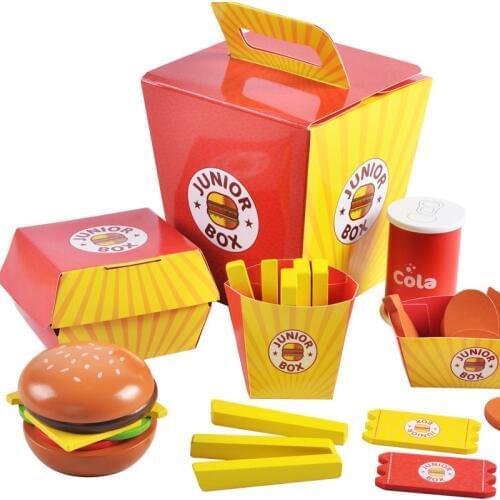 Simulation Wooden Hamburger Fries Fast Food Mdeol Set Kids Pretend Play Toy Creating Stacking Burger Combinations Kids Gifts