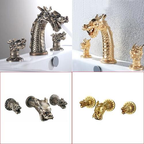 Gold and Bronze Color Brass Material Deck and Wall Mounted 2 Models Cold & Hot Water of Artisitc Dragon Tap