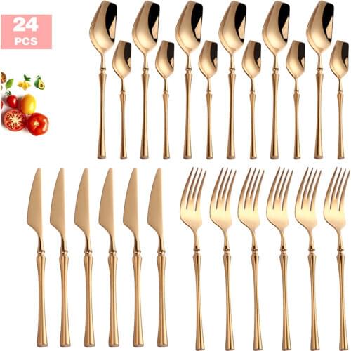 Gold Cutlery Set 24 pcs Dinnerware Sets Luxury Dinner Knife Fork Spoon 304 Stainless Steel Mirror Polishing Silverware Flatware