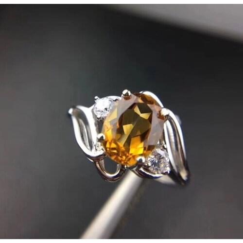 Natural real citrine Ring 925 sterling silver Fine yellow crystal jewelry Handworked jewelry 6*8mm