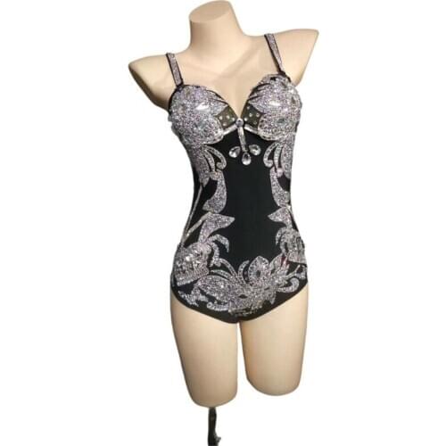 New Black Net Yarn Perspective Shiny Rhinestones Feather Dance Costume Performance Stretch Leotard Female Singer Dance Show