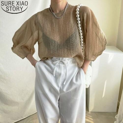 Casual Lantern Sleeve Chiffon Shirts Slightly See-through Shirt Women Blouses Summer Loose Clothes Blusas White Blouse 15550