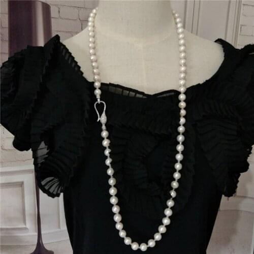 Hand knotted personality style natural 9-10 mm white freshwater pearl glass crystal long sweater chain fashion jewelry
