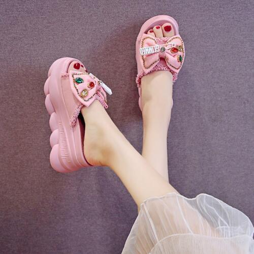 Women Sandals Summer Bowknot Leisure Shoes Women Platform Wedges Fish Mouth Gladiator Sandals Thick Bottom Slippers Pink Green