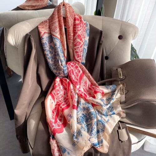 Summer Autumn Winter High Quality Luxury Ladies Print Architectural Silk Scarf Hijab Shawl Wrap Women Beach Outdoor Warm Foulard