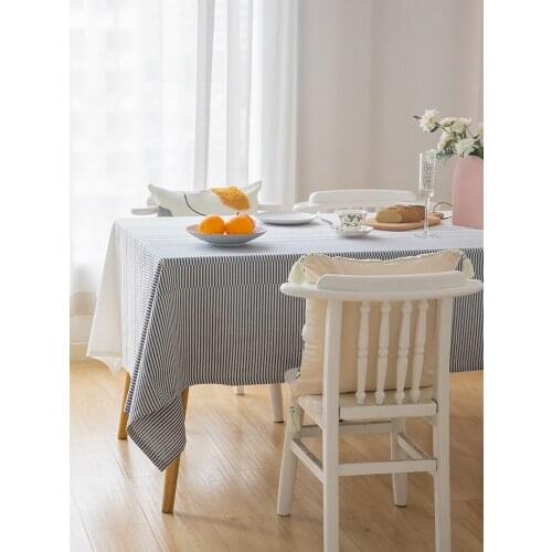 Cotton Fabric Stripe Tablecloth for Rectangular Square Tables Table Cloth for Kitchen Dinning Tabletop Decoration White