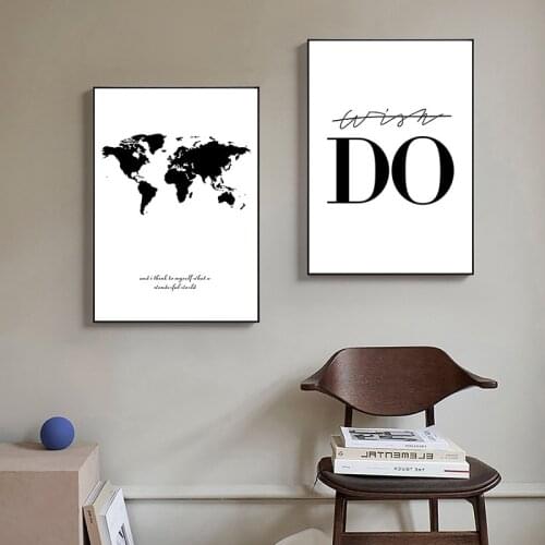 Nordic Modern Black and White Text World Map Inspirational Bedroom Study Painting for Living Room Decoration Wall Art Home Decor