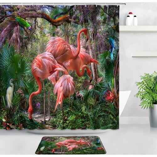 Tropical Jungle Flamingo Shower Curtains Bath Mats Set Green Plants Parrot Palm Trees Home Decor Bathroom Non-slip Rugs Door Pad