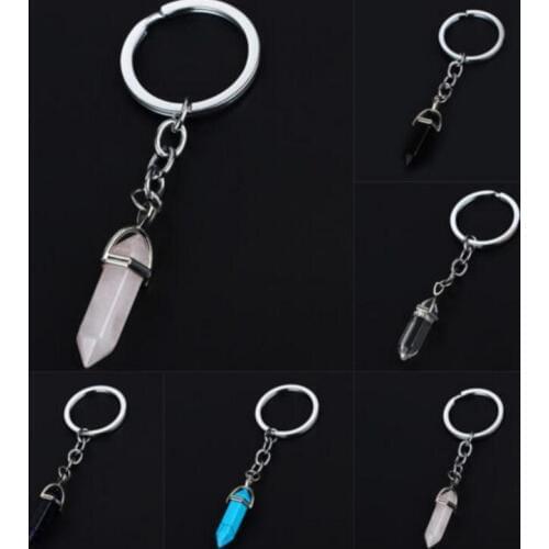Vintage Silver Natural Quartz Stone Bullet Keychain For Keys Car Bag Key Ring Handbag Pink Crystal Key Chains Friendship Gift