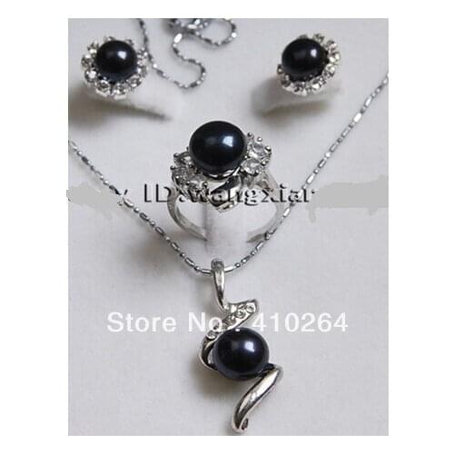 Wholesale_jewelry_wig$ Free Shipping Genuine Black Akoya Cultured pearl Earrings /Ring / Necklace Pendant Set