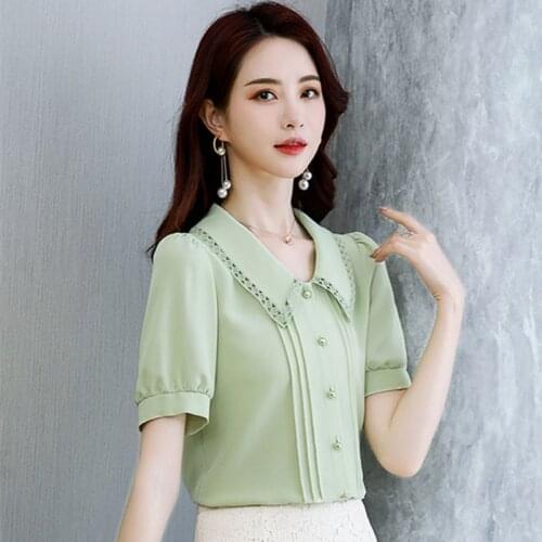 Lady Casual Peter Pan Collar Chiffon Blouses Shirts Women Spring Summer Style Short Sleeve Blusas Tops