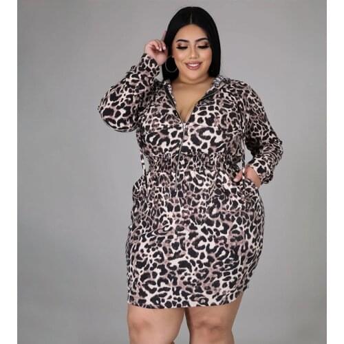 Plus Size Dresses for Women 4xl 5xl Zip Up Hoodie Long Sleeve Tracksuit Dress Leopard Print Mini Dress Wholesale Dropshipping