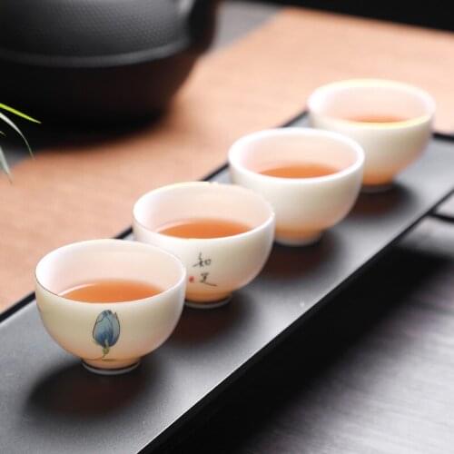 2 pcs/lot Suet jade Ceramic Teacup Handmade white Tea bowl Chinese Teaware Accessories Single cup Master Tea cups Home Drinkware