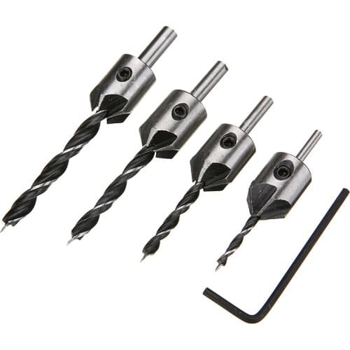 4pcs 5 Flute Countersink Drill Bit Set HSS Screw Woodworking Chamfering Tools 3/4/5/6mm with Wrench
