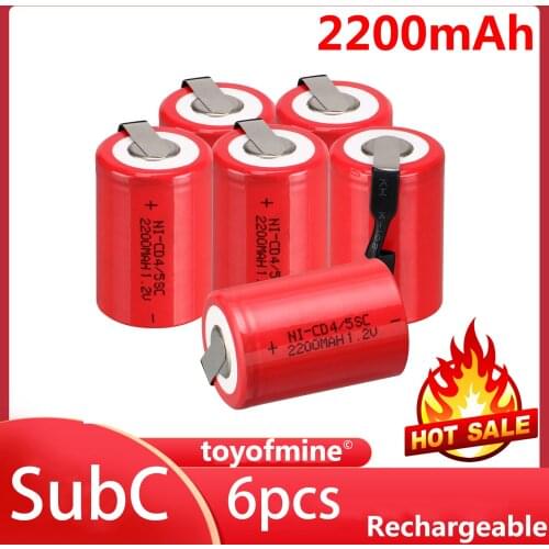 6pcs 1.2V 2200mAh Lot of NiCd 4/5 SubC Sub C &Tab Red Ni-Cd Rechargeable Battery