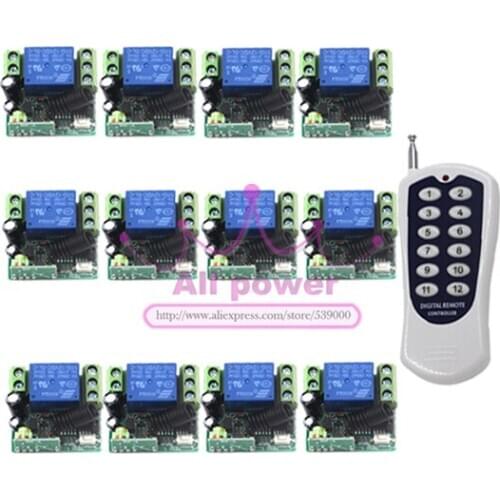 DC 12V 315MHz 1Channel Wireless Remote Control Switch System 1 Transmitter + 12 Receiver