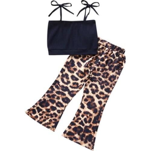 Childrens Girls Clothes Set Solid Color Sleeveless Tie-up Cropped Tops + Leopard Print Flared Trousers Kids Clothing Suit