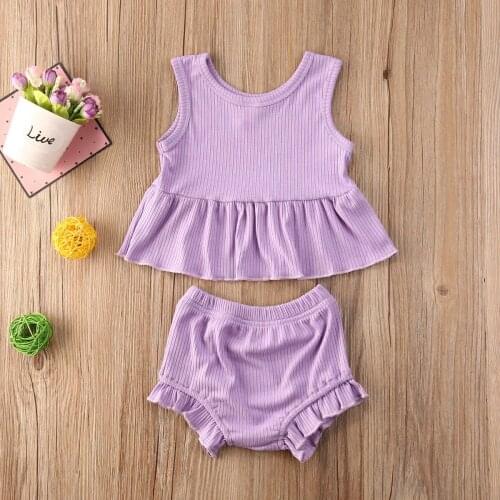 Emmababy Newborn Baby Girl Clothes Summer Solid Color Sleeveless Ruffle Tops Short Pants 2Pcs Outfits Kniited Cotton Clothes Set