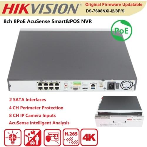 Hikvision NVR 8 CH DS-7608NXI-I2/8P/S Acusense 4K 1U 8 POE Surveillance Network Video Recorder Facial Recognition 2position HDDs