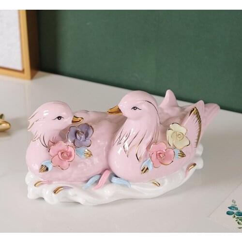 Ceramic Mandarin Duck Statue Fengshui Mandarin Duck Sculpture Figurine Home Living Room Decoration Ornament Couple Wedding Gift
