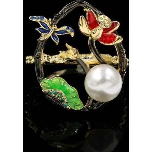 925 Sterling Silver Peony Tree Vine black gold Rings for Women Enamel Freshwater Pearls Wedding Bands Cocktail Rings