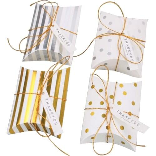Golden dot & striped pillow boxes, wedding favor boxes, bridal shower favor boxes 10pcs/lot