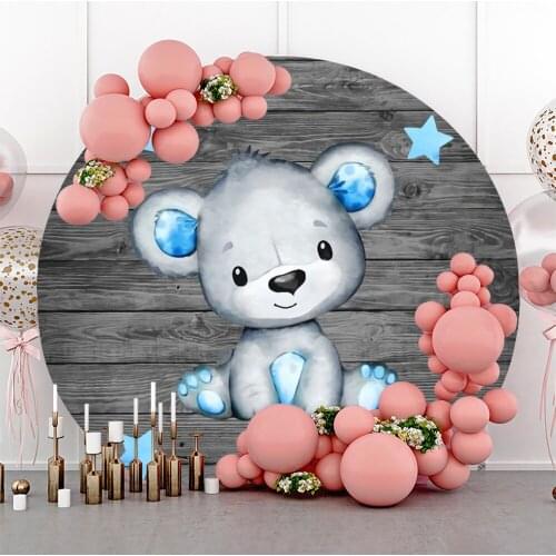 Laeacco Gray Wooden Boards Blue Bear Shower Decor Round Circle Photography Backdrop Portrait Customize Poster Photo Backgrounds