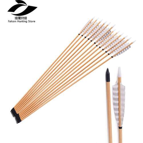 3/6/12pcs Archery 31.5" Wooden Arrows 20-70lbs 5inch White Turkey Feather Vanes for Traditional Bow White pine Hunting